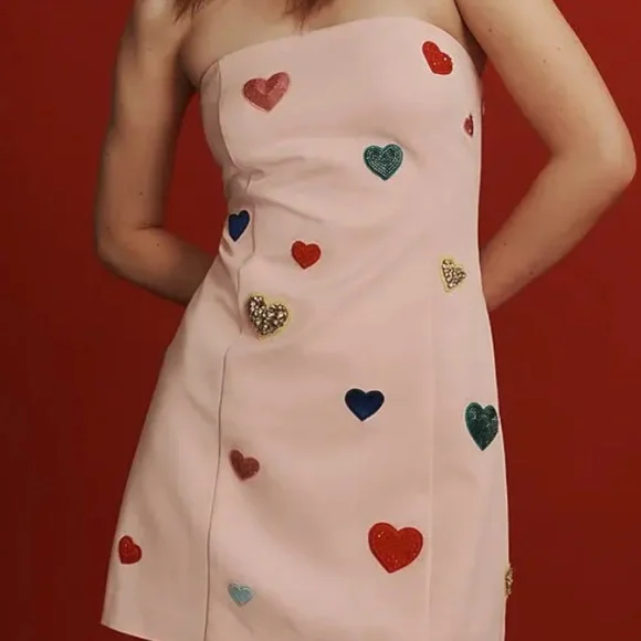 anthropologie pink heart dress Mare Mare Strapless Heart-Embellished Mini Dress